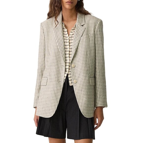 New Theory Oversized Linen Blend Plaid Blazer Ecru Black 2, XS $495 - Picture 1 of 12